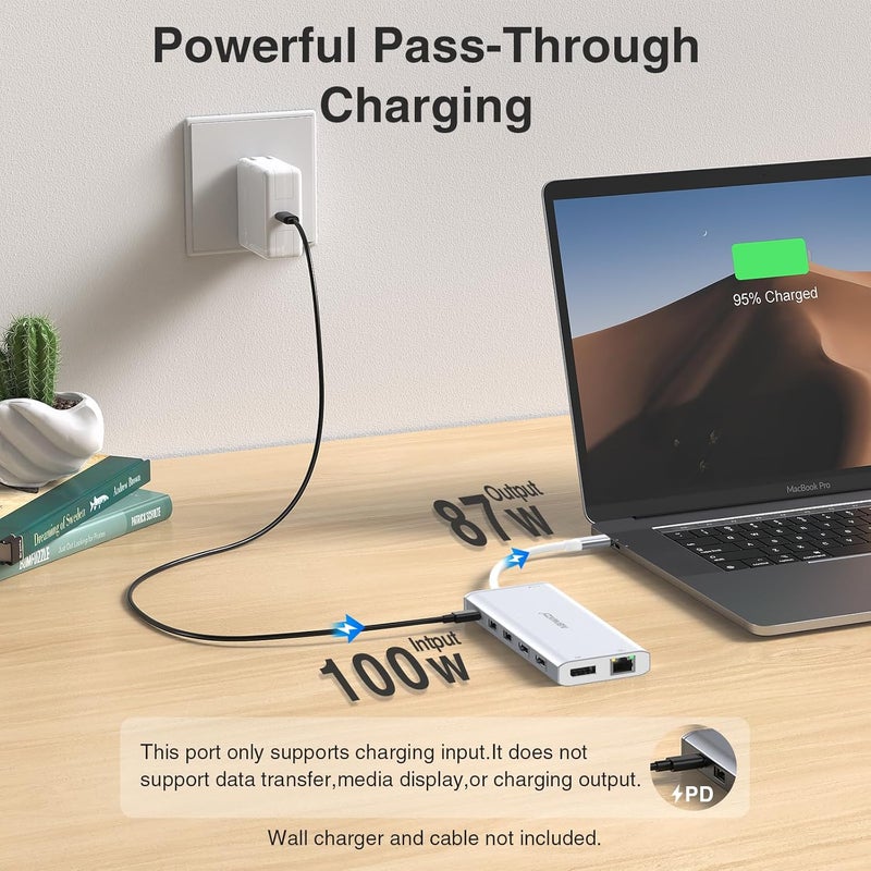 ABIWAZY USB C Hub USB-C Docking Station Dual Monitor 14 in 1 Triple Display Multiport Adapter with 2 HDMI+DP+7 USB Type C/A Ports+Ethernet+Audio, USBC Dongle for Dell/HP/Lenovo ThinkPad/Surface(Sliver) - Image 5